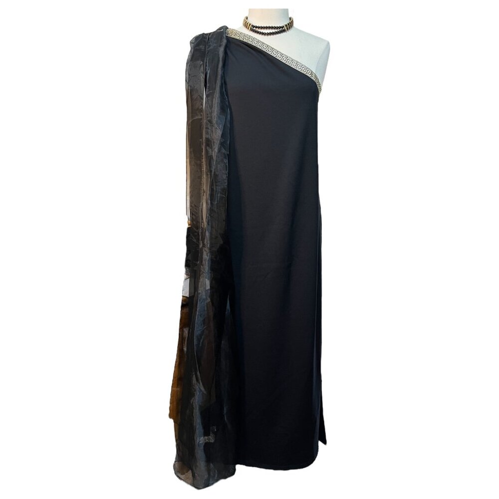 Nerfertiti costume, one-shouldered black column dress with gold accents